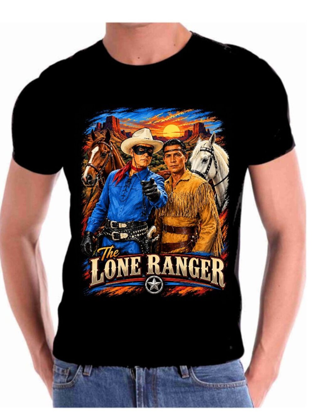 The Lone Ranger and Tonto Old West Cowboy T shirt 100% U.S. cotton. Yarn count: